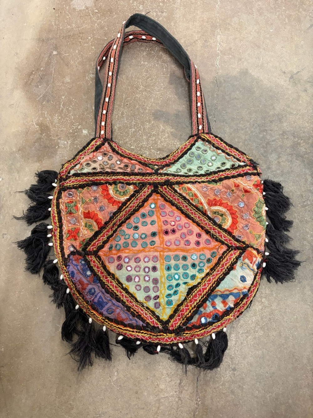 Bohemian Embroidered Round Tote Bag in Multicolor tassels fairy boho beaded
